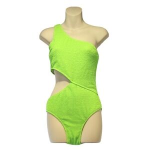 Large Size One Shoulder Cutout One Piece Swimsuit Wide Strap Green